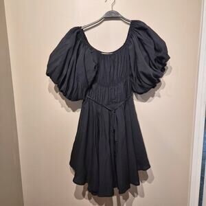 Molly Green Black Mini Puff Sleeve Ruffle Dress Large with Tie Belt